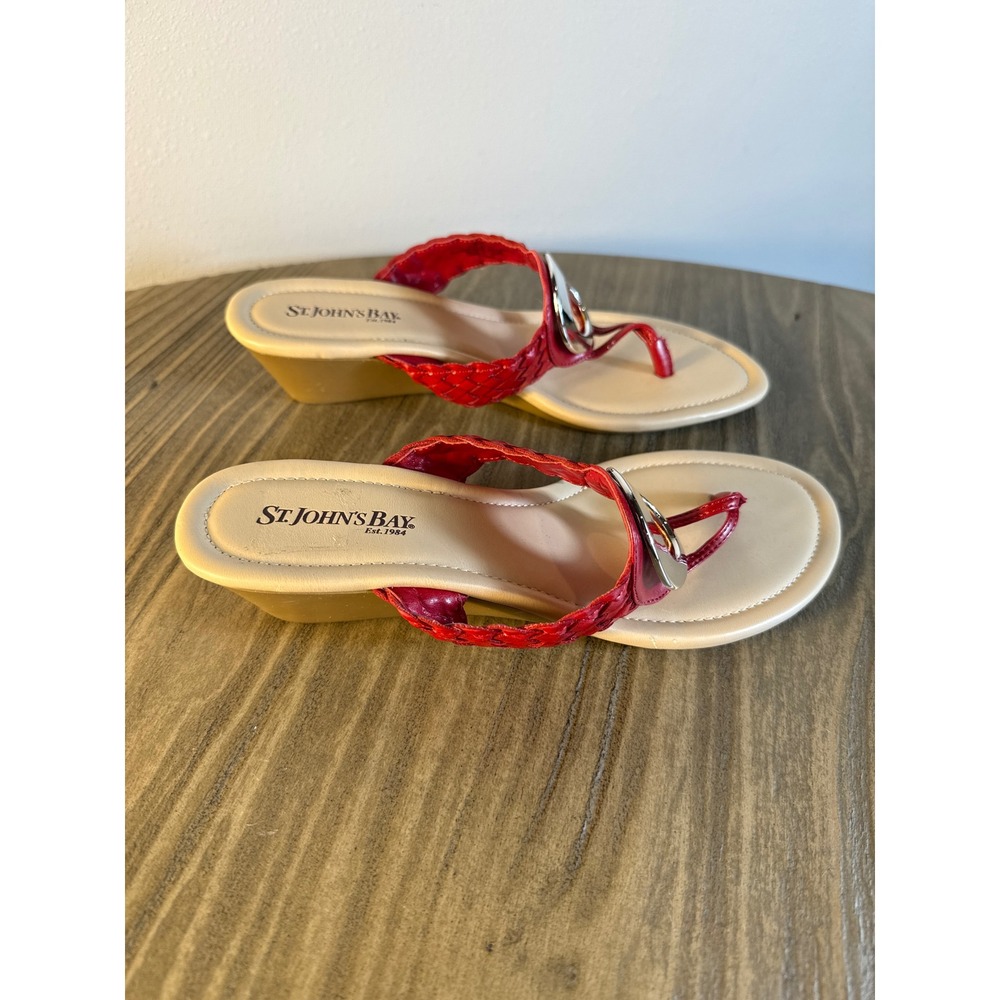 St. John's Bay Wedge Sandals Women 6 Red Braided Thong Silver Ring 19963-8‎
